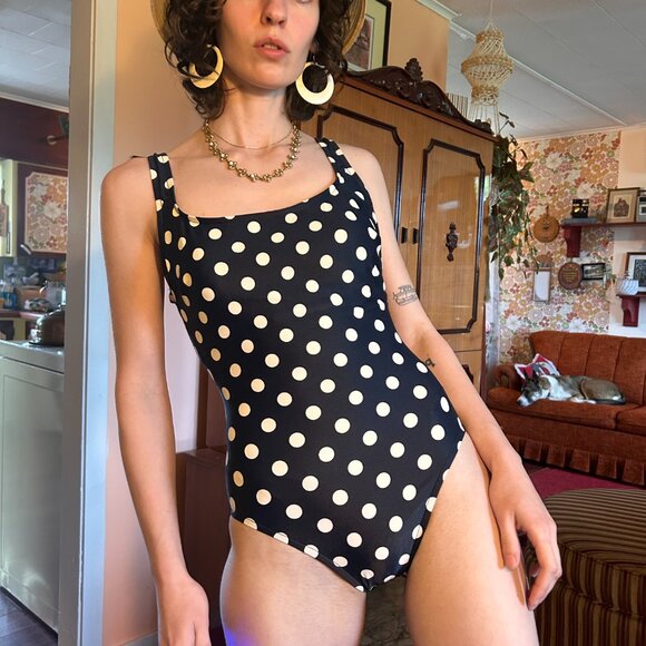 1970s Catalina Polka Dot one piece full coverage navy blue swim suit - made in t - Picture 1 of 12